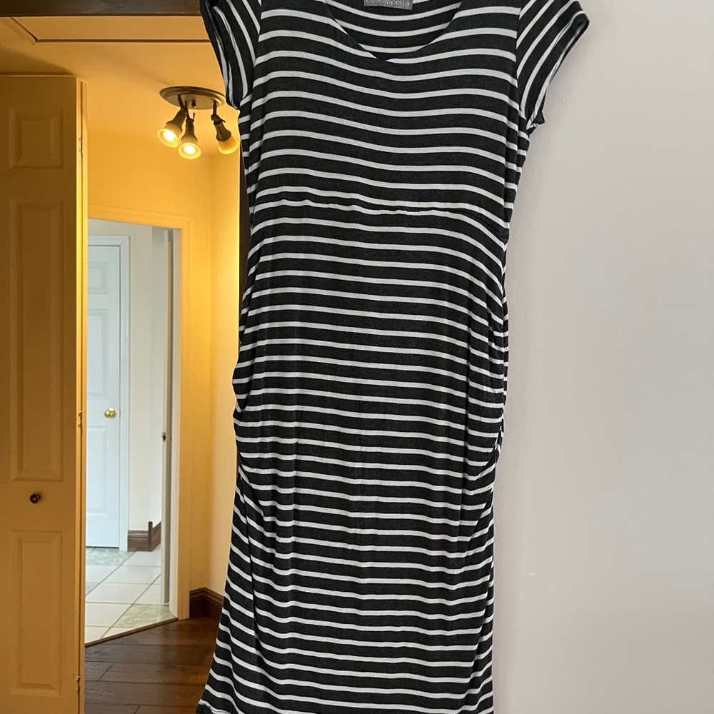 Loveappella Black and White Striped Midi Dress | Maternity